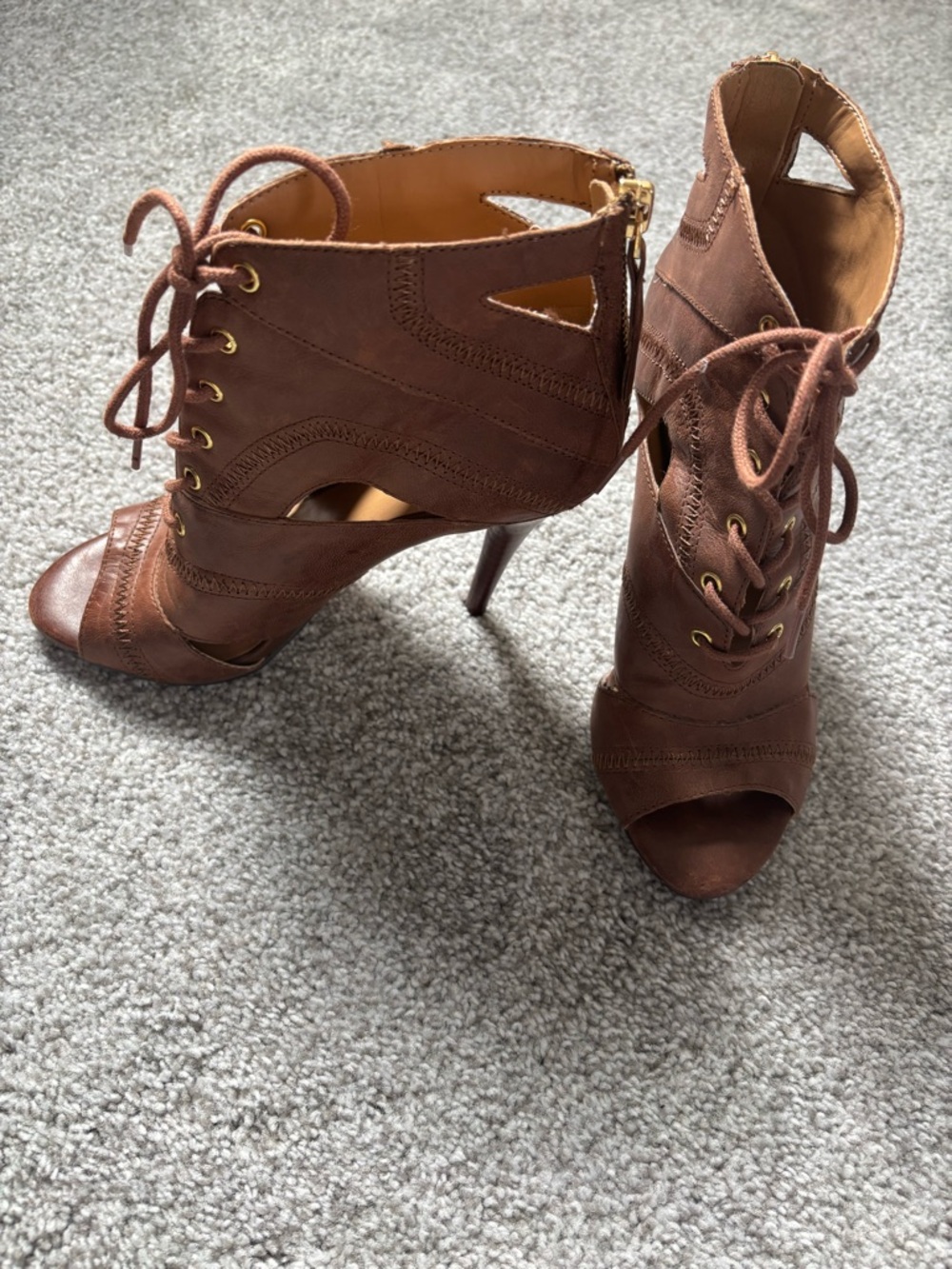 Nine West: Lace-Up Peep-Toe High Heel Booties in Brown